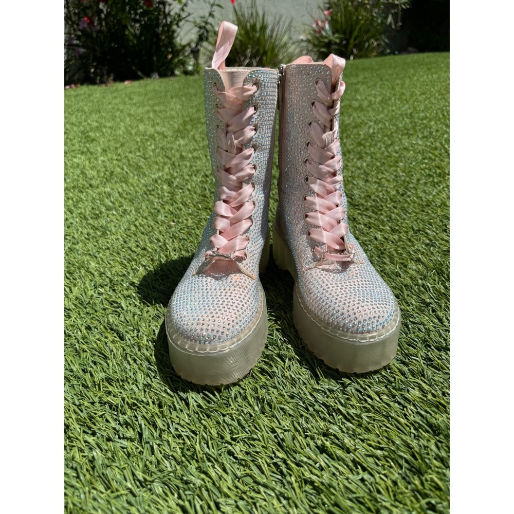 Sparkle Fairy Couture Pink Rhinestone Combat Boots Size 6 Platform Pom Pom Lace